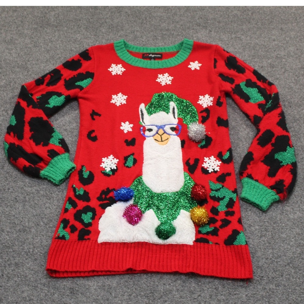 33 Degrees Llama Ugly Christmas Sweater Red Leopard Print‎ Pom Pom XS15527TGT S